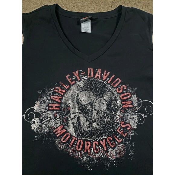 Harley Davidson Montana T-Shirt Skull Blind Cold Shoulder V-Neck Black Large - Picture 3 of 8